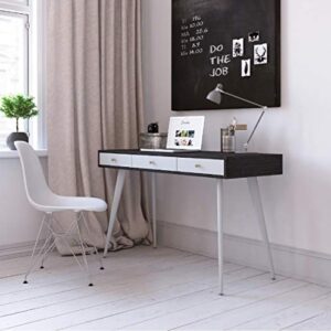 EASYTOUR Mid Century Desk, 47" Home Office Desk with 3 Drawers, Wooden Computer Workstation Modern Writing Table with Metal Legs, Easy Assembly (Black+Grey)