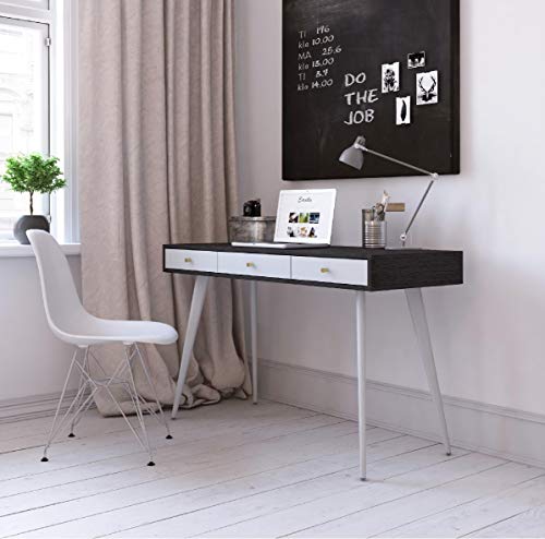 EASYTOUR Mid Century Desk, 47" Home Office Desk with 3 Drawers, Wooden Computer Workstation Modern Writing Table with Metal Legs, Easy Assembly (Black+Grey)