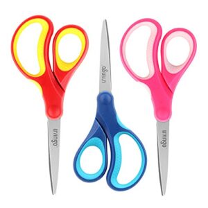 livingo 7" student scissors, sharp stainless steel pointed tip blades shears for middle school kids crafting project, comfort right/left-handed, assorted color, 3 pack