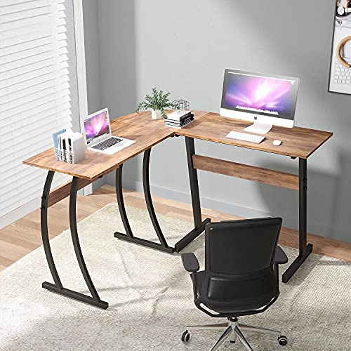 QEEIG L Shaped Desk for Small Space Corner Computer Desks Writing Table Farmhouse Home Office Bedroom Study Work PC Des PC Laptop Workstation, 49 inch, Rustic Brown (LD011-023BN)