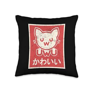 uwu kitties retro vintage japanese uwu cat poster-cute kawaii kitten throw pillow, 16x16, multicolor
