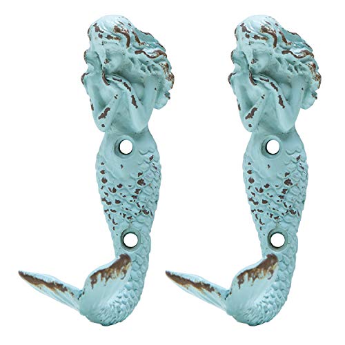 SOFFEE DESIGN Set of 2 Mermaid Shape Metal Wall Coat Hooks, Farmhouse Decoration Wall Mounted Hanging Racks Coat Hooks for Keys, Towels, Clothes, Scarf, Bag