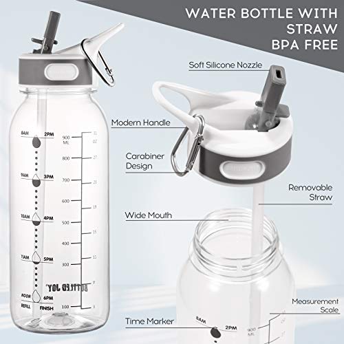 JIMACRO Water Bottle, BOTTLED JOY 1 Litre Water Bottle with Straw and Handle BPA-Free, 32 Oz Daily Water Intake Bottle with Time Markings Tracker to Remind the Drinking Time, Ideal for Hydration