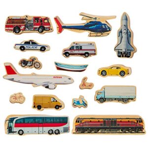 the freckled frog-ff471 getting around - set of 16 - ages 2+ - wooden blocks for toddlers - includes a train, helicopter, ambulance and more - double-sided