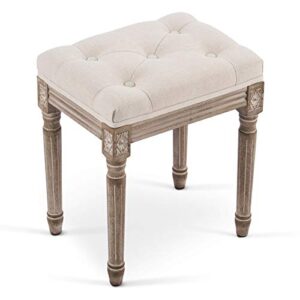 vonluce french vintage foot stool with rustic wood legs and padded seat, upholstered vanity stool piano stool and entryway bench, tufted fabric ottoman stool for bedroom living room more, beige