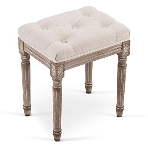 VONLUCE French Vintage Foot Stool with Rustic Wood Legs and Padded Seat, Upholstered Vanity Stool Piano Stool and Entryway Bench, Tufted Fabric Ottoman Stool for Bedroom Living Room More, Beige