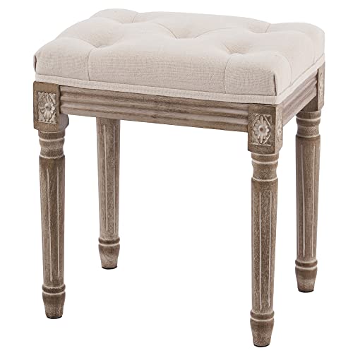 VONLUCE French Vintage Foot Stool with Rustic Wood Legs and Padded Seat, Upholstered Vanity Stool Piano Stool and Entryway Bench, Tufted Fabric Ottoman Stool for Bedroom Living Room More, Beige