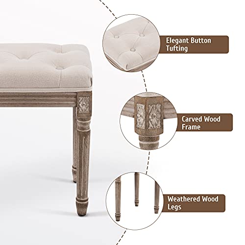 VONLUCE French Vintage Foot Stool with Rustic Wood Legs and Padded Seat, Upholstered Vanity Stool Piano Stool and Entryway Bench, Tufted Fabric Ottoman Stool for Bedroom Living Room More, Beige