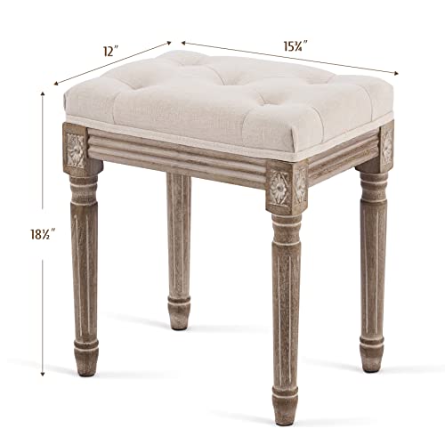 VONLUCE French Vintage Foot Stool with Rustic Wood Legs and Padded Seat, Upholstered Vanity Stool Piano Stool and Entryway Bench, Tufted Fabric Ottoman Stool for Bedroom Living Room More, Beige