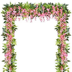 Artflower 4 Pcs Artificial Flowers Wisteria Garland Silk Wisteria Vine Rattan Hanging Flower Greenery Garland with Ivy Leaves for Home Garden Outdoor Wedding Arch Floral Decor, 6.6 Feet (Pink)