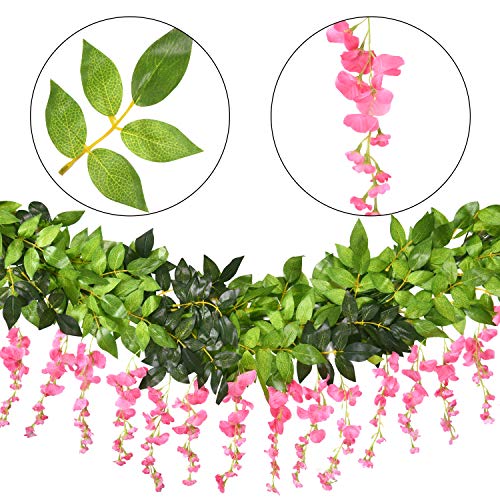 Artflower 4 Pcs Artificial Flowers Wisteria Garland Silk Wisteria Vine Rattan Hanging Flower Greenery Garland with Ivy Leaves for Home Garden Outdoor Wedding Arch Floral Decor, 6.6 Feet (Pink)