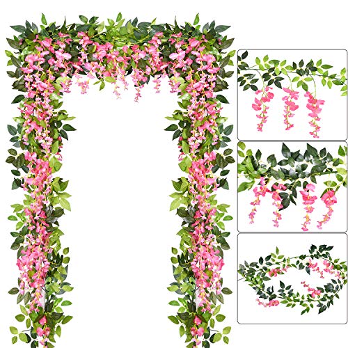 Artflower 4 Pcs Artificial Flowers Wisteria Garland Silk Wisteria Vine Rattan Hanging Flower Greenery Garland with Ivy Leaves for Home Garden Outdoor Wedding Arch Floral Decor, 6.6 Feet (Pink)