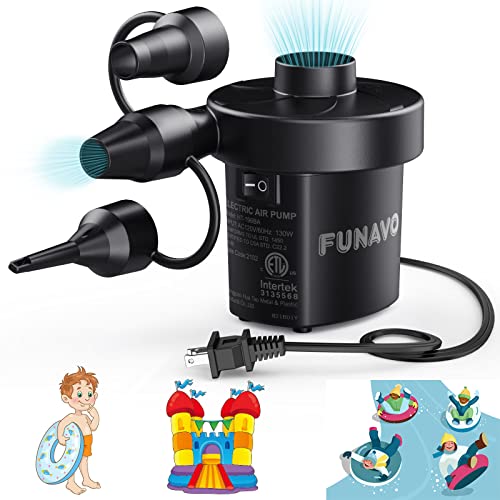 Electric Air Pump, FUNAVO Portable Air Pump With 3 Nozzles, 130 W Quick-fill Electric Pump, Inflate/Deflate Air Pumps for Inflatable Swimming Pools, Air Mattress, Boats, Swimming Ring (110 V AC 60 Hz)