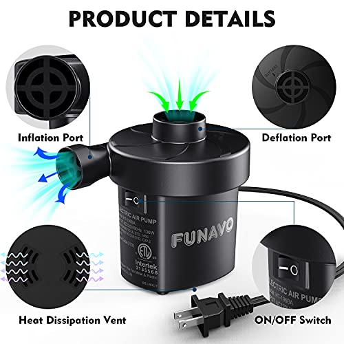 Electric Air Pump, FUNAVO Portable Air Pump With 3 Nozzles, 130 W Quick-fill Electric Pump, Inflate/Deflate Air Pumps for Inflatable Swimming Pools, Air Mattress, Boats, Swimming Ring (110 V AC 60 Hz)