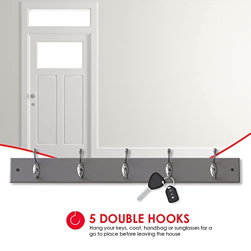 Home Basics Durable 5-Double-Hooks Wall-Mounted Hanging Rack, Grey | Place in Entry Way | Hanging in a Garage | Store Essentials Before You Leave The House