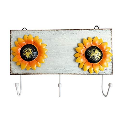 Rustic Wooden Sunflower Wall Hook Keys Aprons Towel Hanger Kitchen Wall Decor Flower Wall Holder Countryside Farmhouse Wall Decoration for Home Kitchen Entryway Office-(White)