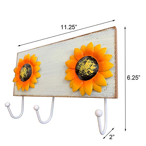 Rustic Wooden Sunflower Wall Hook Keys Aprons Towel Hanger Kitchen Wall Decor Flower Wall Holder Countryside Farmhouse Wall Decoration for Home Kitchen Entryway Office-(White)