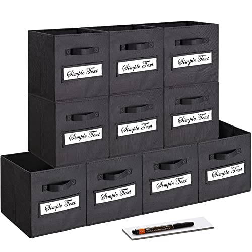 artsdi Set of 10 Storage Cubes, Foldable Fabric Cube Storage Bins with 10 Labels Window Cards & a Pen, Collapsible Cloth Baskets Containers for Shelves, Closet Organizers Box for Home & Office,Black