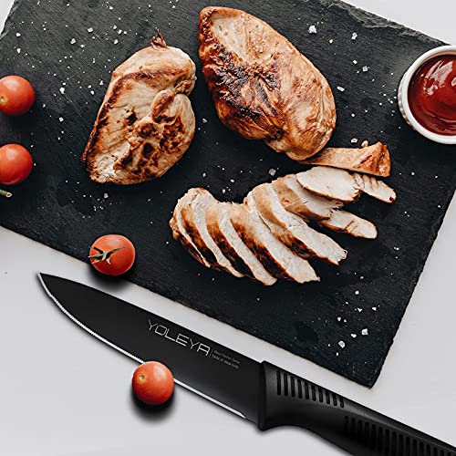 YOLEYA Steak Knives, 4.5" Steak Knives Set of 6 High Carbon German Stainless Steel Black Serrated Steak Knife Set Anti Rusting Sharp Kitchen Dinner Knives