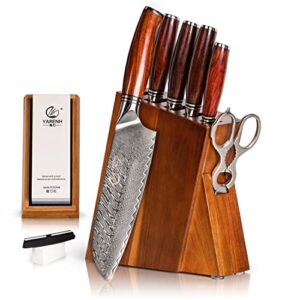 yarenh kitchen knife set with block, 8 piece, sharp professional chef knife set, 73 layers japanese damascus high carbon stainless steel, full tang sandalwood handle, gift box