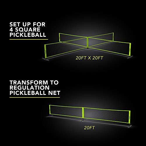 Triumph Sports 4 Square Pickleball Game Set Transforms to Regulation Pickleball Net, Includes 4 Square net, Wood Racket Paddles, Pickleballs, Boundary Markers, Metal Frame, Carry Bag