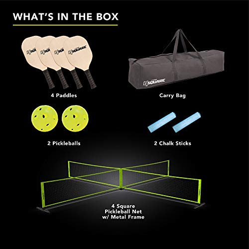 Triumph Sports 4 Square Pickleball Game Set Transforms to Regulation Pickleball Net, Includes 4 Square net, Wood Racket Paddles, Pickleballs, Boundary Markers, Metal Frame, Carry Bag