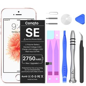 [2750mah] battery for iphone se 2016 1st gen, conqto new 0 cycle high capacity battery replacement for iphone se models a1662, a1723, a1724 with complete professional repair tools kit