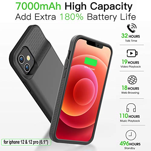 GIN FOXI Battery Case for iPhone 12/12Pro, Real 7000mAh Ultra-Slim Battery Charging Case Rechargeable Anti-Fall Protection Extended Charger Cover for iPhone 12Pro/12 Battery Case(6.1 inch) Black