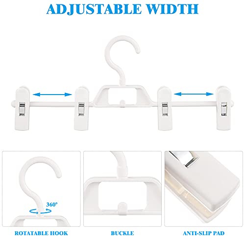 DOITOOL Skirt Hangers with Clips and Strap Hooks, 10Pc Adjustable Space Saving Pants Hanger, Plastic Kids Coat Clothes Garment Top Clip Hangers for Closet Organizer, 360-Rotating Swivel Hook (White)