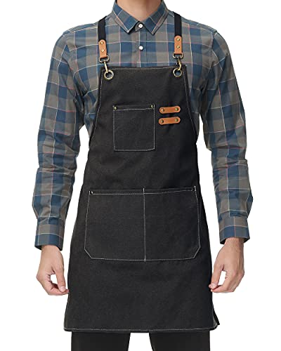 TONAK Canvas Kitchen Apron for Men Women Chef Cooking Apron Cross Back 3 Pockets