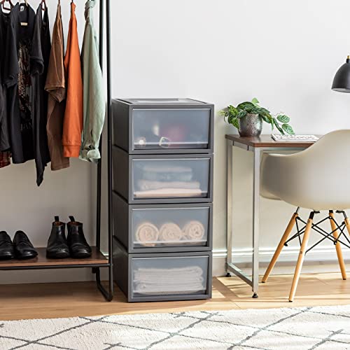 IRIS USA 34 Qt. Stackable Plastic Drawers for Clothes, Medium, 4 Pack, Storage Dresser for Closet, Home, Office, Bedroom and Nursery, Dark Gray