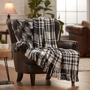 chanasya farmhouse pattern plaid throw blanket lightweight knit textured woven decorative blanket for couch bed living room blanket with tassels fringed throw blanket (50x65 inches) black