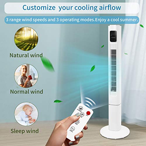 Kismile 36'' Tower Fan with Remote, Oscillating Quiet Cooling Fan, Bladeless Standing Fan with 3 Modes, Built-in Timer, LCD Display for Home/Office (White, 36 Inch) (47 inch, White)