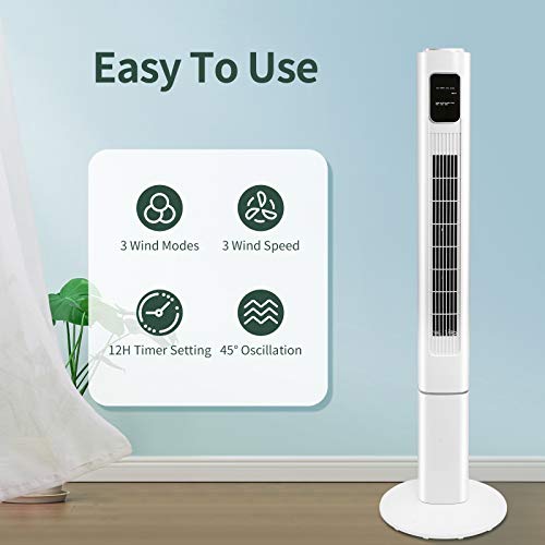 Kismile 36'' Tower Fan with Remote, Oscillating Quiet Cooling Fan, Bladeless Standing Fan with 3 Modes, Built-in Timer, LCD Display for Home/Office (White, 36 Inch) (47 inch, White)