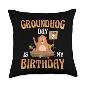 groundhog woodchucks adorable gifts groundhog day february 2nd 2 is my birthday throw pillow, 18x18, multicolor