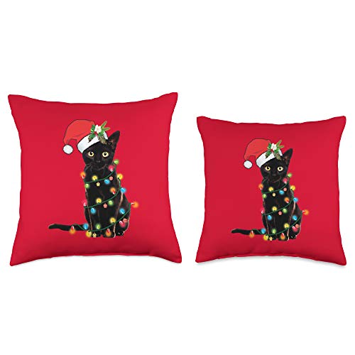 Tronic Tees Santa Black Cat Tangled Up in Christmas Tree Lights Holiday Throw Pillow, 18x18, Multicolor