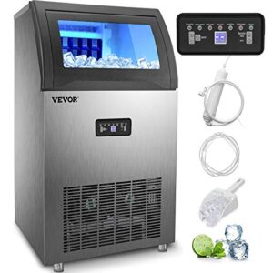 vevor 110v commercial ice maker machine, 120lbs/24h stainless steel ice machine with 29lbs storage for home office shop bar, 50 ice cubes ready in 11-15min, water filter and connection hose included