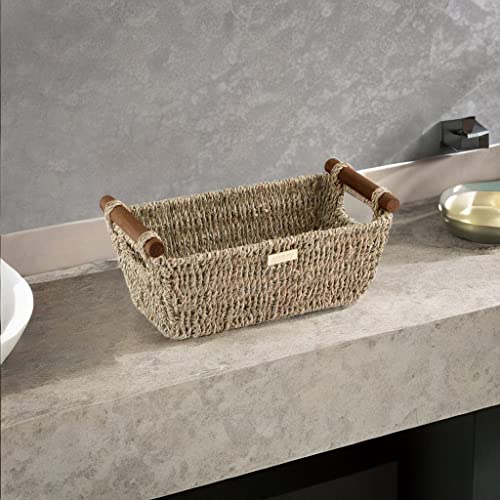 ADO Basics Seagrass Hand Woven Basket with Stain Resistant Polished Wooden Handles, Toilet paper Storage Wicker Baskets 12 inches Length, 6.29 inches Width, 4.25 inches Height, Natural