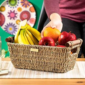 ADO Basics Seagrass Hand Woven Basket with Stain Resistant Polished Wooden Handles, Toilet paper Storage Wicker Baskets 12 inches Length, 6.29 inches Width, 4.25 inches Height, Natural