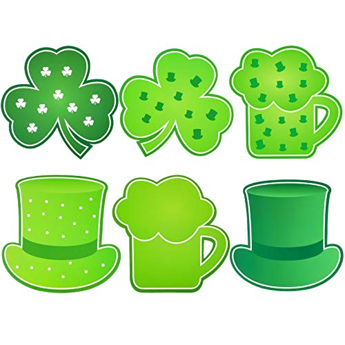 48 Pieces St. Patrick's Day Cut-Outs 5.7 x 5.7 Inch Shamrocks Cut-Outs Hat Beer Mug Decoration with Glue Point Indoor Outdoor Sign Decor Bulletin Board Classroom Irish Saint Patrick's Day Party