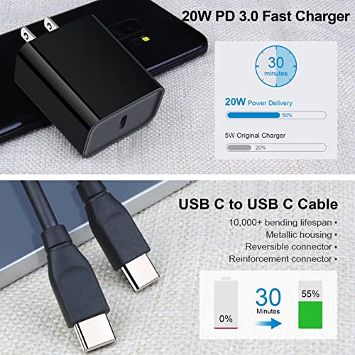 USB C Wall Charger, 20W PD Fast Charging Charger Cable for Samsung Galaxy S23 S22 S21+ S20 FE S10e Note 20 Ultra A14 A21, Google Pixel 7 6 Pro 5 4a 3a 2 XL, Type C Power Delivery USB C to USB C Cord