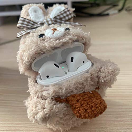 Ubest Cute Soft Hand Made Knit Fur Fluffy Rabbit Bunny Cartoon Animals Case Animal Plush Doll Compatible with Airpods2 Airpods Cartoon Headphones Cover for Girls Brown Best Gift