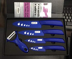 serrated royal blue ceramic knife set with 5" serrated knife, kitchen knife set - includes 3”, 4”, 5”, 6” ceramic knives, matching sheaths and a matching vegetable peeler in a gift box