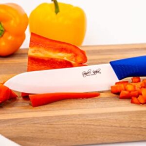 Serrated Royal Blue Ceramic Knife Set with 5" Serrated Knife, Kitchen Knife Set - Includes 3”, 4”, 5”, 6” Ceramic Knives, Matching Sheaths and a Matching Vegetable Peeler in a Gift Box