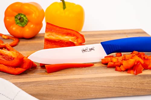 Serrated Royal Blue Ceramic Knife Set with 5" Serrated Knife, Kitchen Knife Set - Includes 3”, 4”, 5”, 6” Ceramic Knives, Matching Sheaths and a Matching Vegetable Peeler in a Gift Box