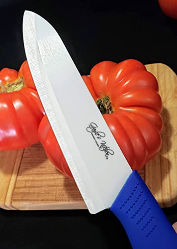 Serrated Royal Blue Ceramic Knife Set with 5" Serrated Knife, Kitchen Knife Set - Includes 3”, 4”, 5”, 6” Ceramic Knives, Matching Sheaths and a Matching Vegetable Peeler in a Gift Box