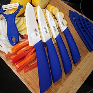 Serrated Royal Blue Ceramic Knife Set with 5" Serrated Knife, Kitchen Knife Set - Includes 3”, 4”, 5”, 6” Ceramic Knives, Matching Sheaths and a Matching Vegetable Peeler in a Gift Box