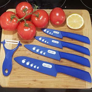 Serrated Royal Blue Ceramic Knife Set with 5" Serrated Knife, Kitchen Knife Set - Includes 3”, 4”, 5”, 6” Ceramic Knives, Matching Sheaths and a Matching Vegetable Peeler in a Gift Box