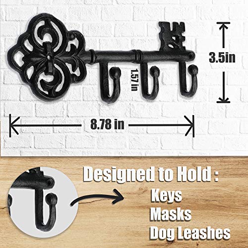 IRISVITA Key Holder for Wall Decorative, Antique Black Cast Iron Wall Key Holder, Rustic Key Hooks for Wall with 3 Hooks, 8.75 x 3.5 Inches with Gitable Packaging, Matching Screws and Anchors included