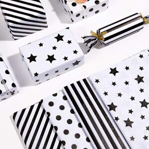 whaline 120 sheet white black tissue paper star stripes dots pattern tissue paper 4 styles simple gift wrapping paper bulk for birthday diy crafts new year gift bag supplies, 14 x 20"